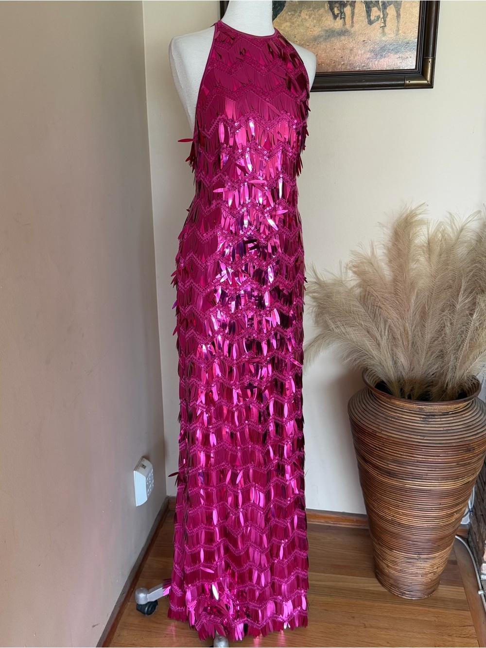 Halter Sequin Fringe Maxi Dress in Fuchsia